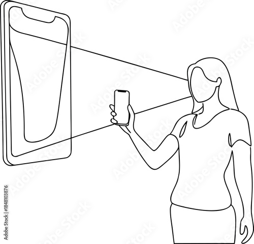 Digital facial recognition technology concept illustration showing a woman using a smartphone to scan her face on a large screen