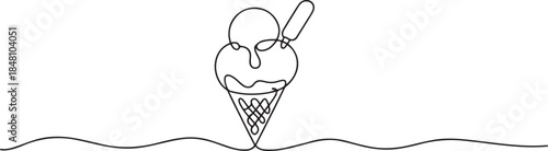 Ice cream, gelato one line vector sketch, continuous outline illustration. one line Icon drawing