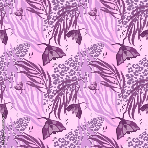 Seamless abstract botanical pattern with butterflies, leaves and animal texture elements in purple tones, decorative nature inspired background
