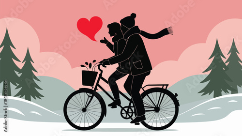 Couple riding a bicycle in a winter landscape with a red heart