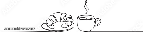 breakfast with croissant and coffee drawn in one line style. one line Icon drawing