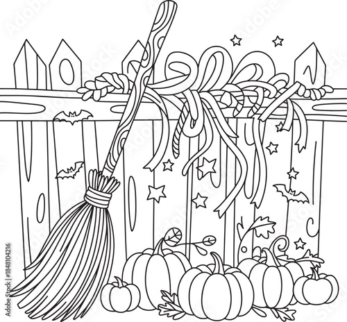 Halloween pumpkin patch and broomstick scene with festive ribbons and fence vector illustration line art royalty free premium quality