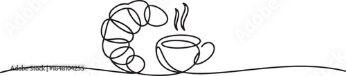 breakfast with croissant and coffee drawn in one line style. one line Icon drawing