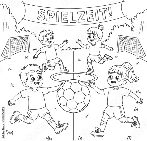 Happy children enjoy a lively game of soccer on the field during playtime