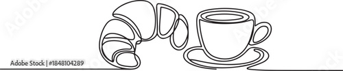breakfast with croissant and coffee drawn in one line style. one line Icon drawing