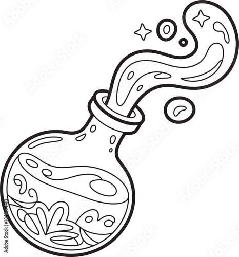 Magical potion flask spilling bubbles and sparkles black and white art silhouette line art illustration royalty free stock photos premium quality