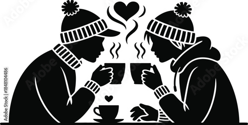 Couple sharing hot drinks in winter hats and sweaters