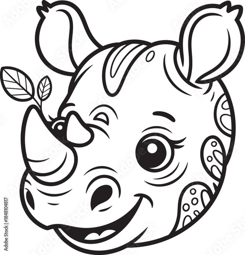 rhino head cute baby with a friendly smile and a leaf on its horn, perfect for coloring