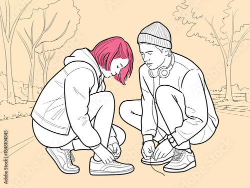 Two Friends Tying Their Sneakers Outdoors in Casual Attire and Sneakers Together