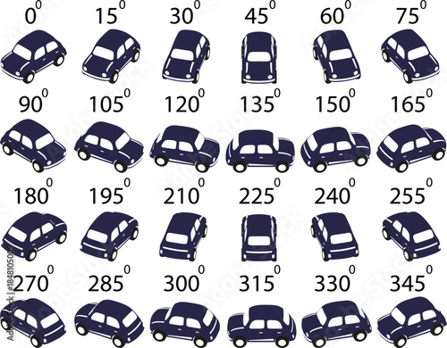 A set of 24 logo cars in isometric view. Rotation of the retro car in logo style by 15 degrees for animation.  