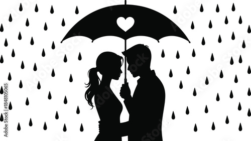 Couple Under Umbrella Silhouette Raining Love vector