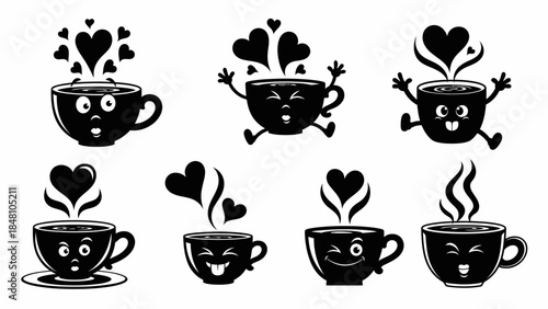 Set of black and white cartoon coffee cups with smiling faces and hearts steam icons collection expressing love and energy vector illustration bundle of cafe beverage mascots