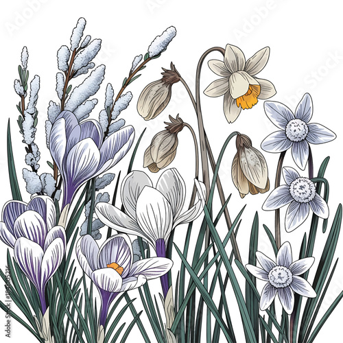 Spring bloom: delicate crocuses, daffodils, and pussy willow in a frosty landscape