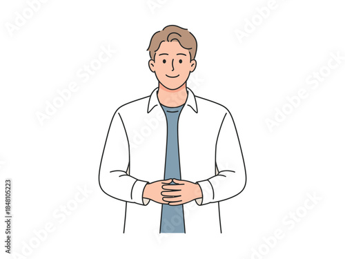 Smiling Young Man in White Jacket and Blue Shirt Standing Confidently Alone