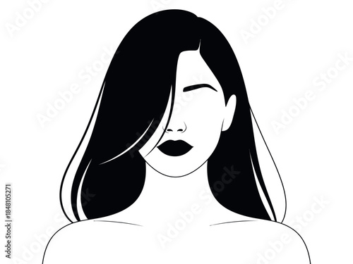 Minimalist Black and White Portrait of a Woman with Long Hair and Bold Lips