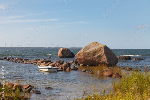 TALLINN, ESTONIA - AUGUST, 15, 2024: Rocky shoreline with coastal vegetation