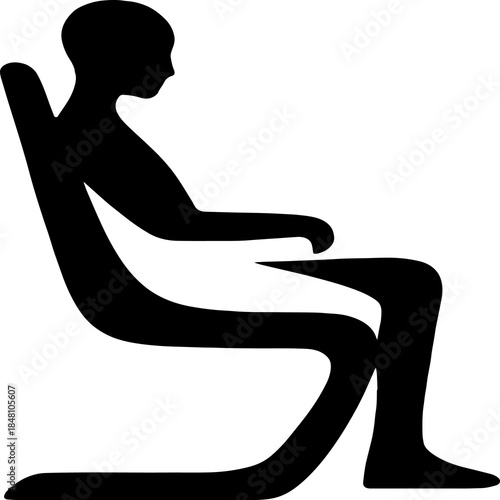 Stylized black silhouette of a person seated in a modern chair, shown in profile with arms resting on armrests and legs bent naturally. The smooth, abstract lines emphasize comfort, posture, and minim