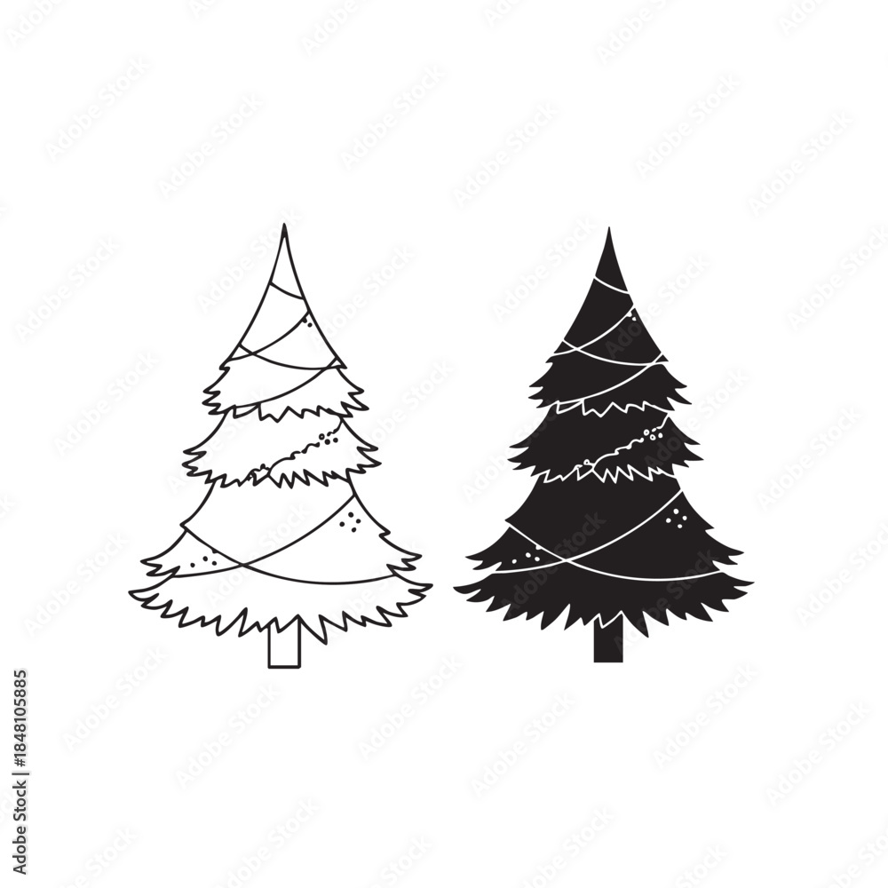 Fototapeta premium Two Christmas trees with lights and ornaments one in black and white outline and one filled in black