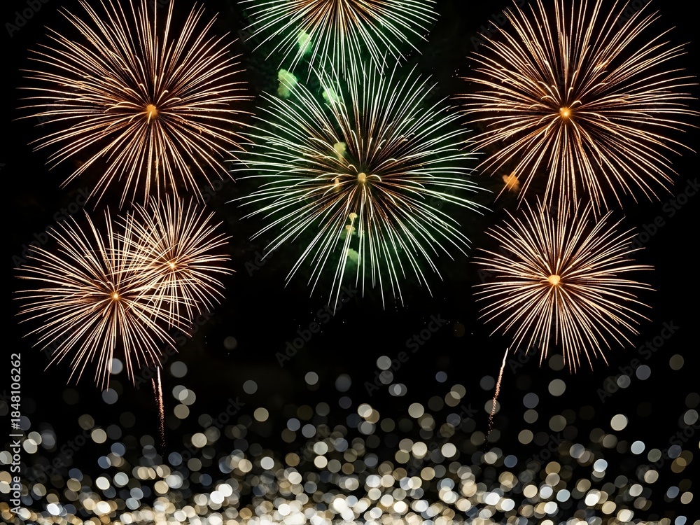 Fototapeta premium A stunning display of vibrant fireworks illuminates the night sky bursting with golden and green hues against a dark backdrop