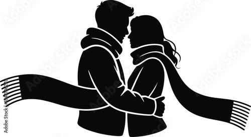 Couple Embracing Silhouette Winter Scarves vector illustration
