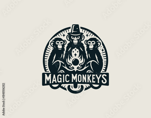 Magic monkeys bring playful fantasy charm to a friendly black vector logo illustration
