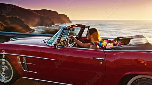 Elegant Classic Red Convertible Car Driving Along Coastal Cliff Road at Sunset, Vintage Automotive Icon for Travel and Lifestyle Themes