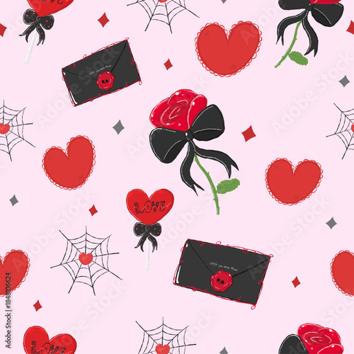 Valentine decorative seamless pattern with love and romance elements textile transparents, Rose Black bow, envelope Spiderweb, Gothic style Valentine not sweet, Black and Red Creepy valentine