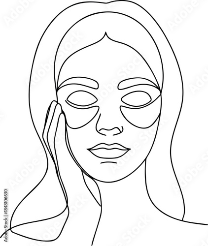 Minimalist continuous line art drawing of a serene woman with under eye patches practicing a relaxing selfcare beauty routine