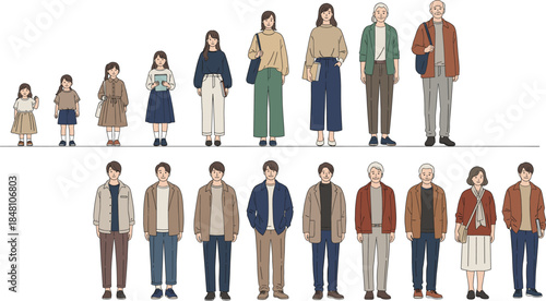 Flat vector illustration of people of different ages from children and teenagers to adults and elderly seniors in casual clothing