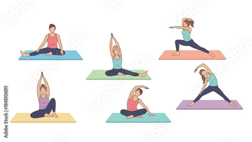 Assorted yoga poses demonstrating flexibility strength and relaxation techniques for wellness