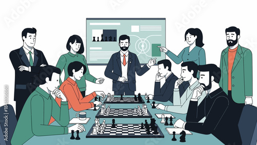 Business Meeting and Chess Tournament in a Modern Conference Room with Diverse Participants