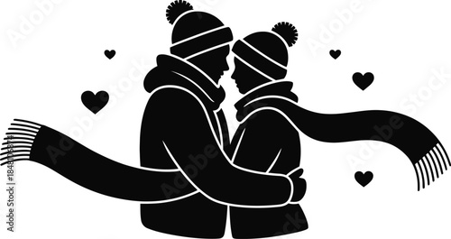 Couple Hugging Silhouette Winter Hearts vector illustration