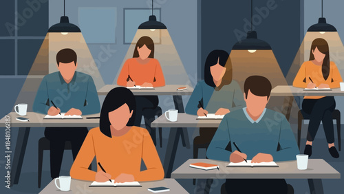 Business Meeting with Diverse Professionals Engaged in Note-Taking Under Modern Lighting in a