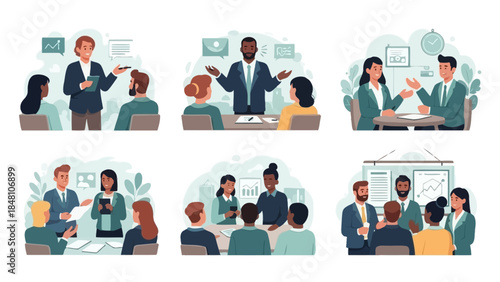 business meetings and team discussions in a professional office environment with diverse