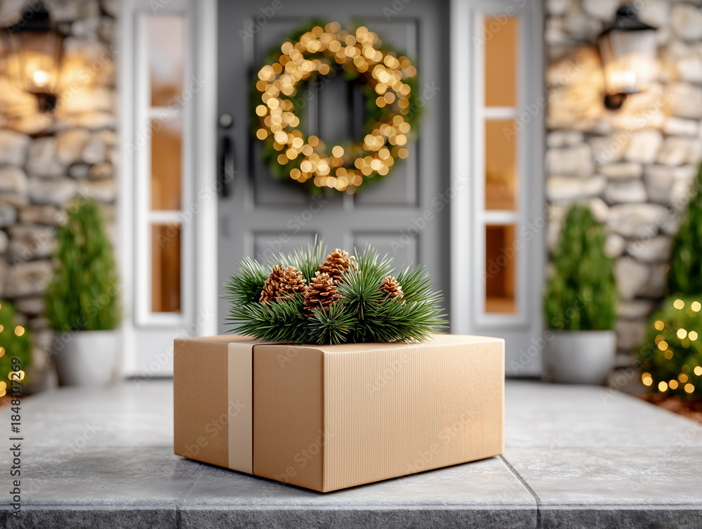 Fototapeta premium Package left at a front porch during the Christmas seasonRU: