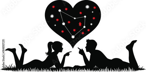 Couple lying on grass pointing at a heart constellation