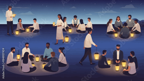 charming outdoor evening gathering with friends and lanterns under a starry sky