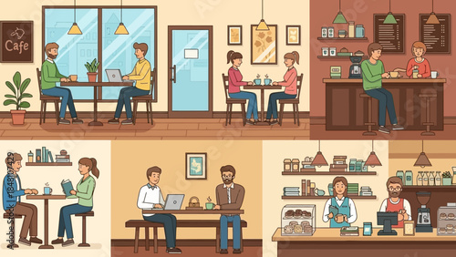 Charming Illustrative Scene of a Cozy Cafe with Diverse Customers and Staff
