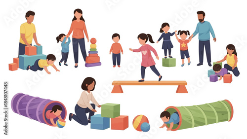 Children and parents engaging in playful activities with soft blocks and tunnels in a colorful