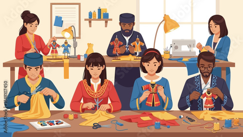 children and adults engaging in creative craft activities in a lively classroom setting