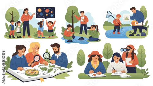 Children and adults engaging in outdoor educational activities and nature exploration scenes in a