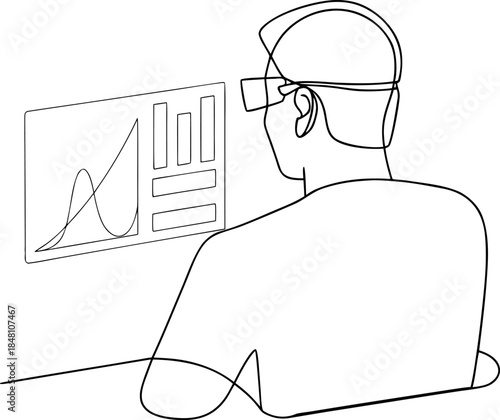 Minimalist continuous line art illustration of a person analyzing digital data on a futuristic screen with charts and graphs for business insights