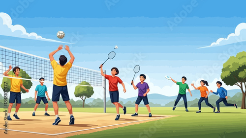 Children Engaged in a Dynamic Outdoor Volleyball Game on a Bright Sunny Day