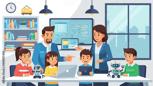 Children Engaged in a Robotics Classroom Learning and Coding with Instructors and Technology