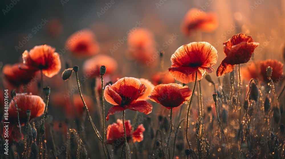 Obraz premium Field of vibrant red flowers glows with warm morning sunlight