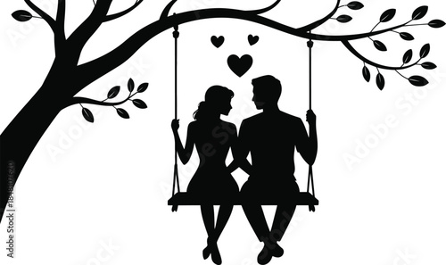 Couple on a Swing Under a Tree with Hearts love