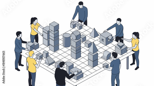 collaborative architectural planning with diverse team analyzing building models on table