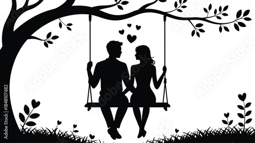 Couple on Swing Silhouette Under Tree Hearts vector