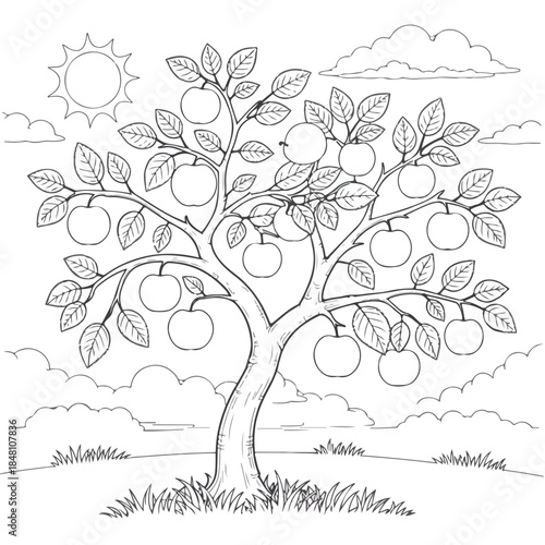 Vector illustration of a flowering apple tree in nature