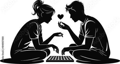 Couple playing board game with heart silhouette black and white